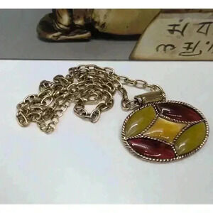 Monet Gold Tone Multicolor Oval Pendant Necklace Enamel Inlay Vintage